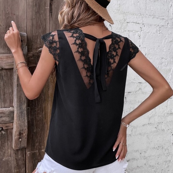 Boho Lace Mesh Sheer Tie Back Cap Sleeve Top Blouse Blue - Picture 8 of 14